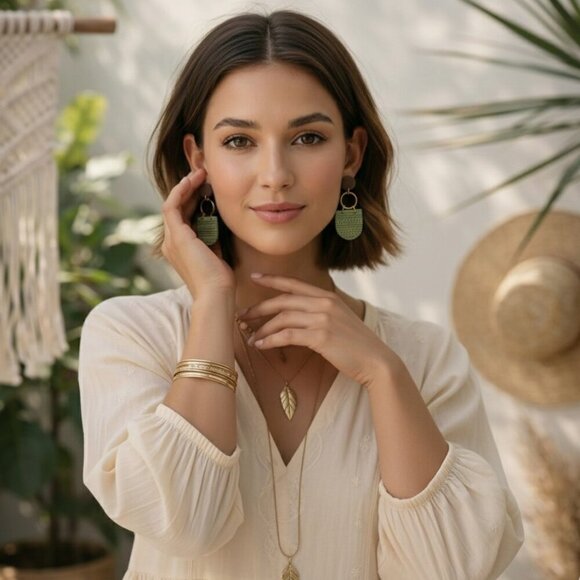 Sage Green Polymer Clay Wood Dangle Earrings Gold Plated Sterling Silver Posts - Picture 12 of 17